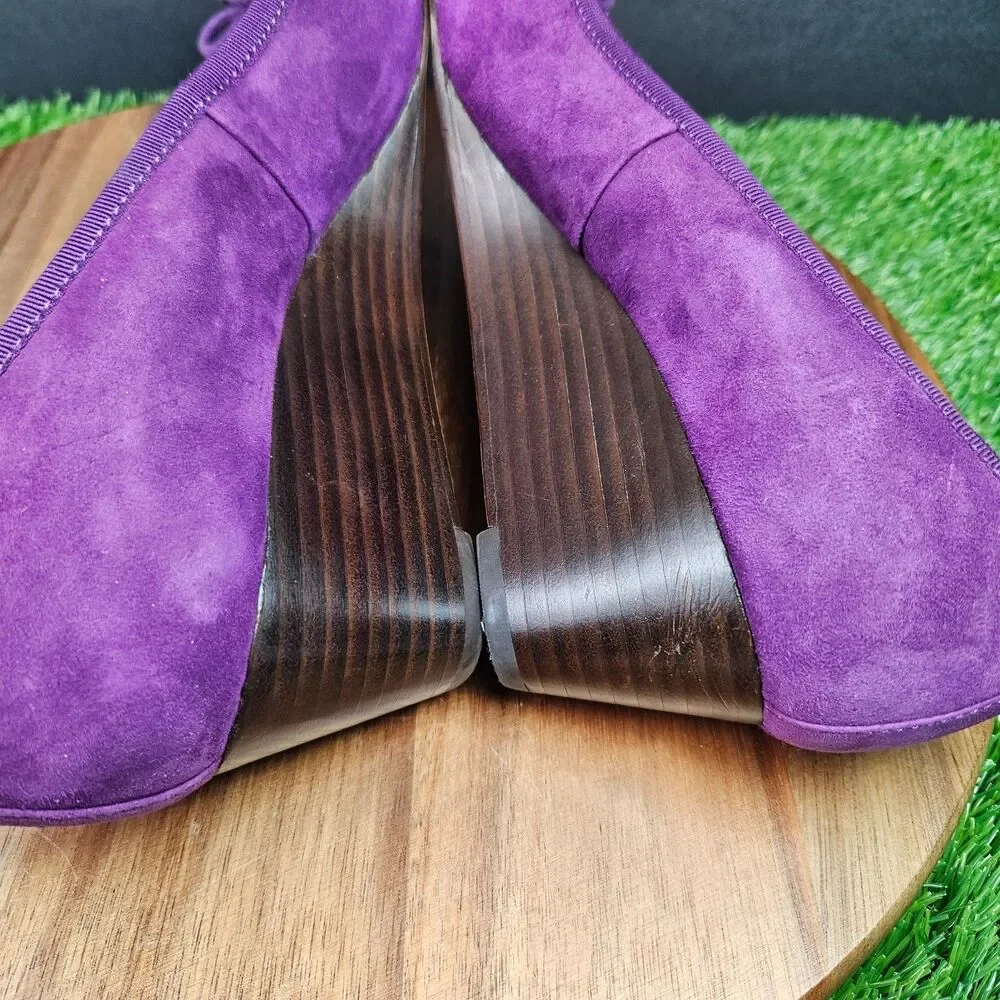 Tory Burch Purple Leather Suede Chelsea Wedge Heels Bow Logo Round Toe 10 M